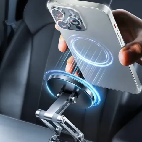 Support de téléphone magnétique à ventouse pour voiture, bras pliable en aluminium, compatible MagSafe