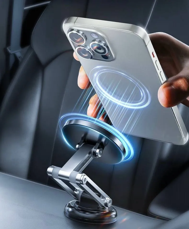 Support de téléphone magnétique à ventouse pour voiture, bras pliable en aluminium, compatible MagSafe