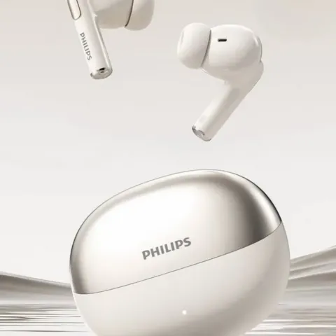 Écouteurs sans fil Philips True Wireless, blanc et argent, boîtier de charge ovale