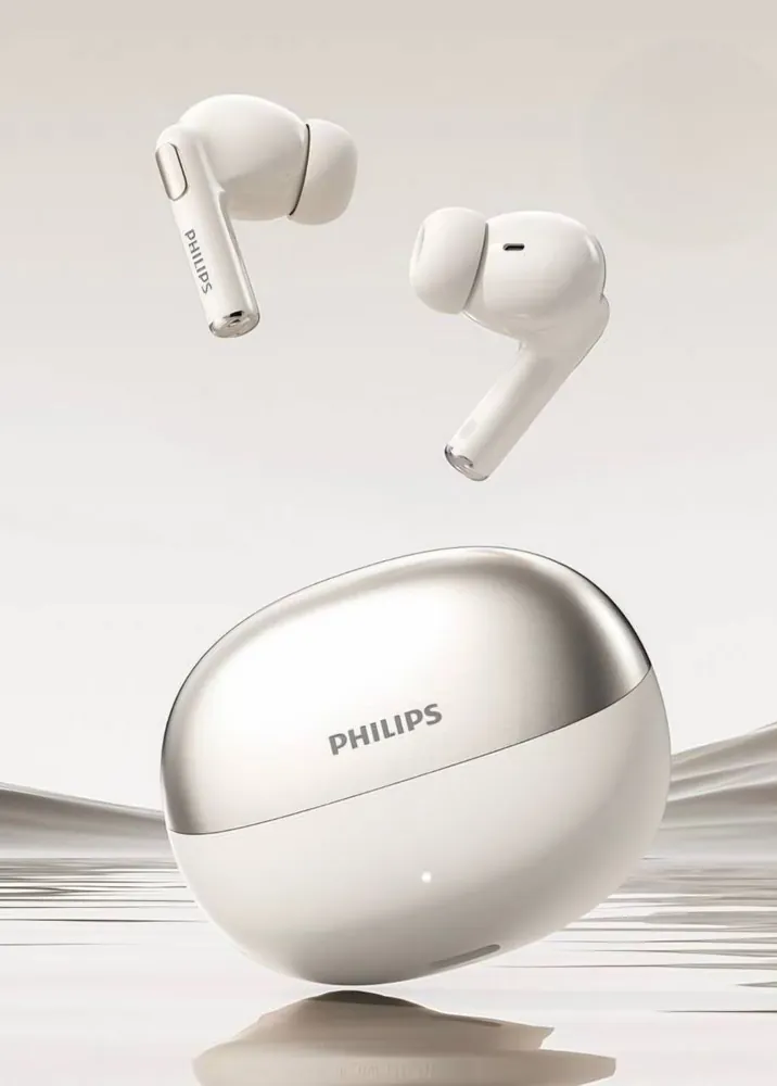 Écouteurs sans fil Philips True Wireless, blanc et argent, boîtier de charge ovale