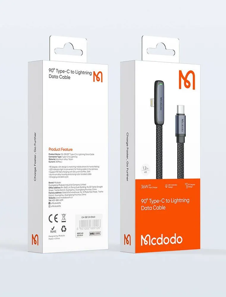 Câble Mcdodo USB-C vers Lightning coudé à 90°, charge rapide 36 W, voyant LED, 1,2 m – Image 4