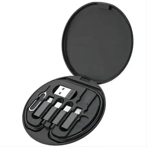 Kit câble de voyage 60 W en boîtier rond : USB-C, Lightning, micro-USB, rangement SIM et support de téléphone