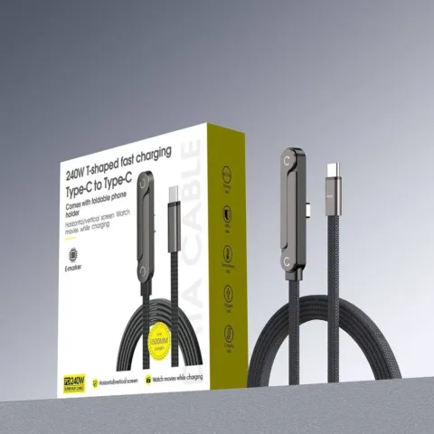 Câble USB-C vers USB-C 240 W à prise coudée et support de téléphone pliable, tressé, 1,5 m