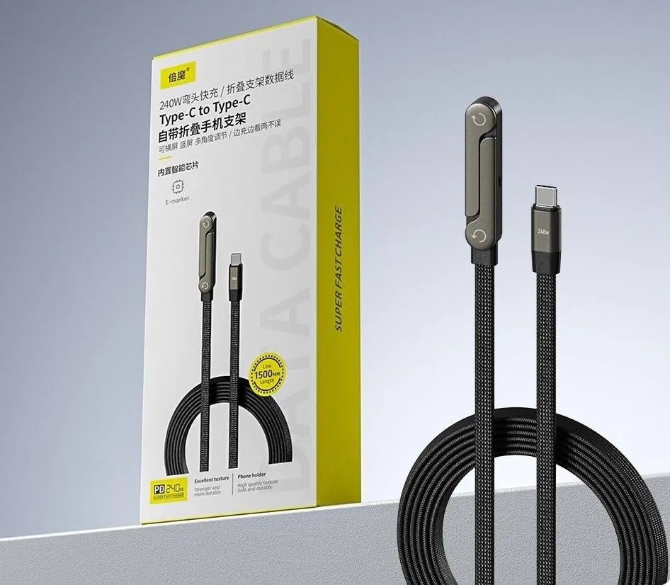 Câble USB-C vers USB-C 240 W à prise coudée et support de téléphone pliable, tressé, 1,5 m – Image 6