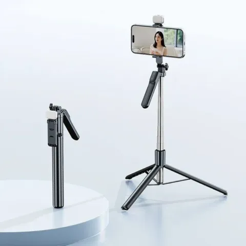 Perche à selfie trépied avec télécommande Bluetooth et lumière LED