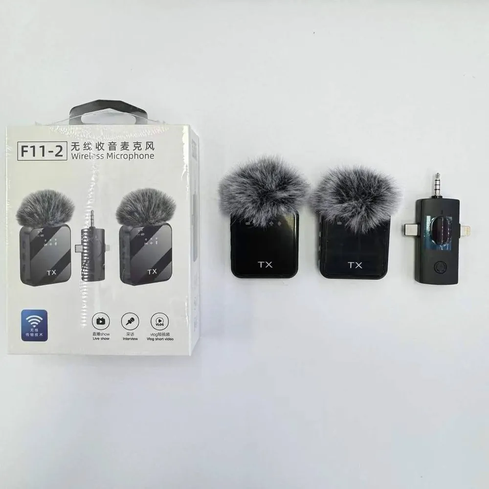 Micro-cravate sans fil F11-2, 2 émetteurs, récepteur 3 en 1 USB-C, Lightning et jack – Image 2