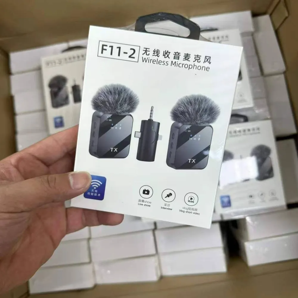 Micro-cravate sans fil F11-2, 2 émetteurs, récepteur 3 en 1 USB-C, Lightning et jack – Image 4