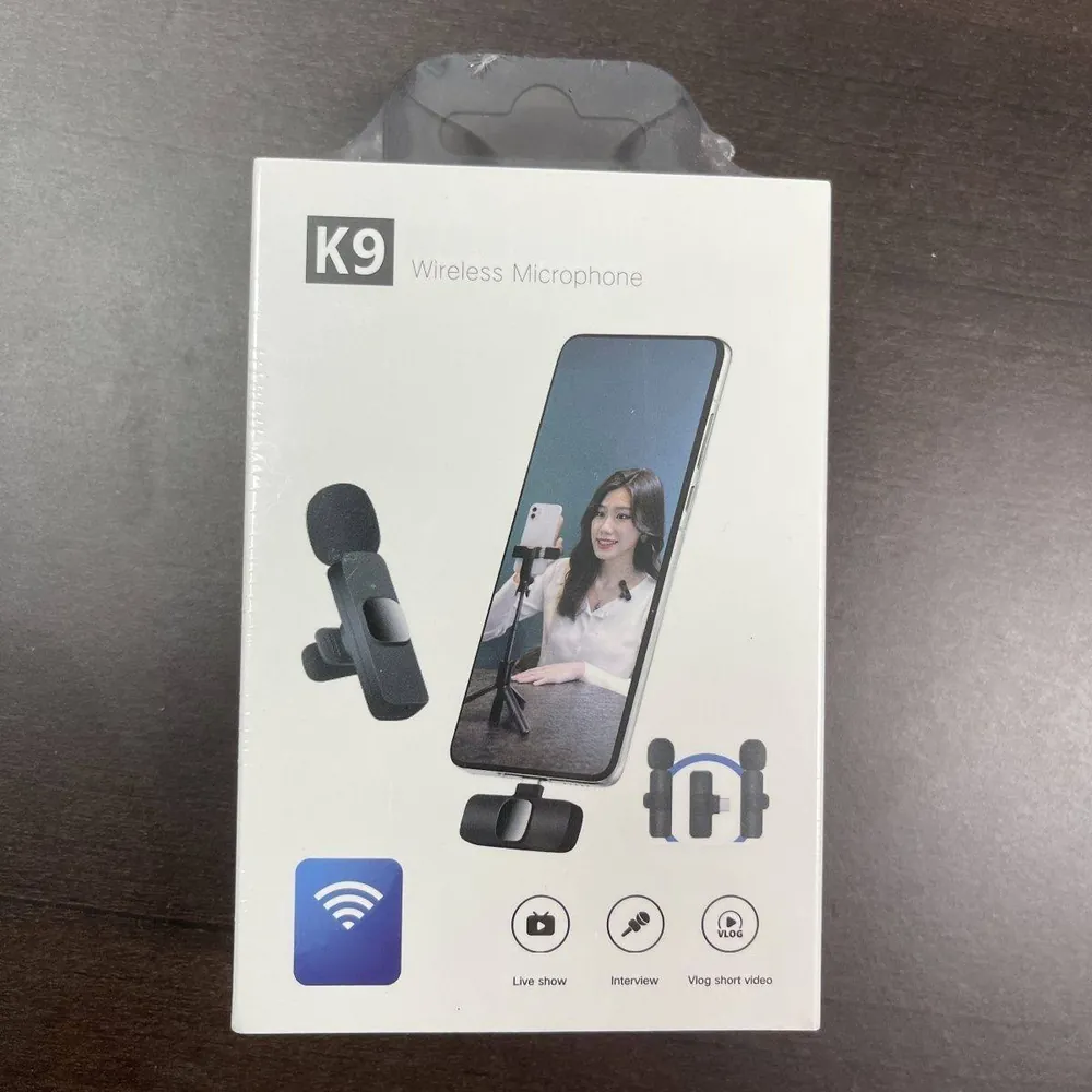 Micro-cravate sans fil K9, 2 émetteurs, récepteur 3 en 1 USB-C, Lightning et jack