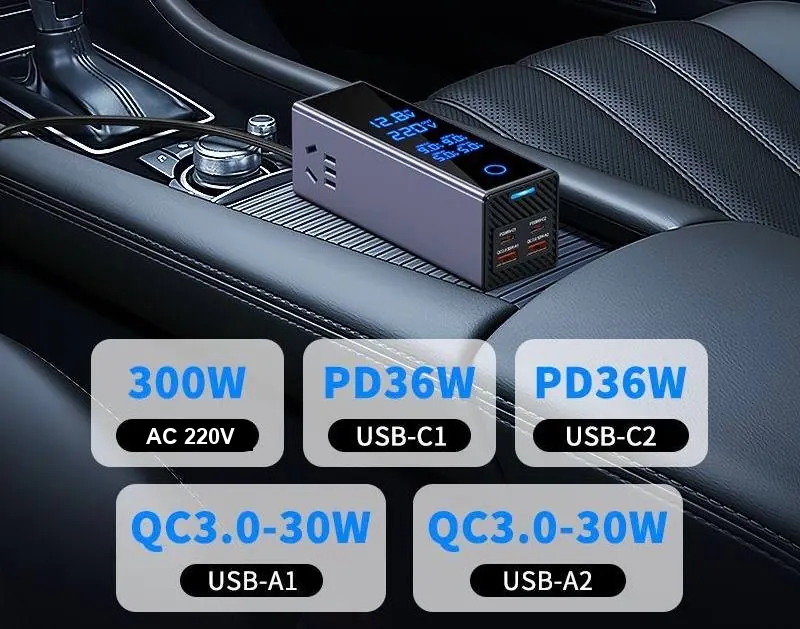 Convertisseur de voiture 300 W 12 V vers 220 V, 4 ports USB et écran - Image 2