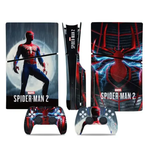 Habillage autocollant (skin) PS5 Slim avec lecteur et 2 manettes, motifs Spider-Man 2 ou The Witcher