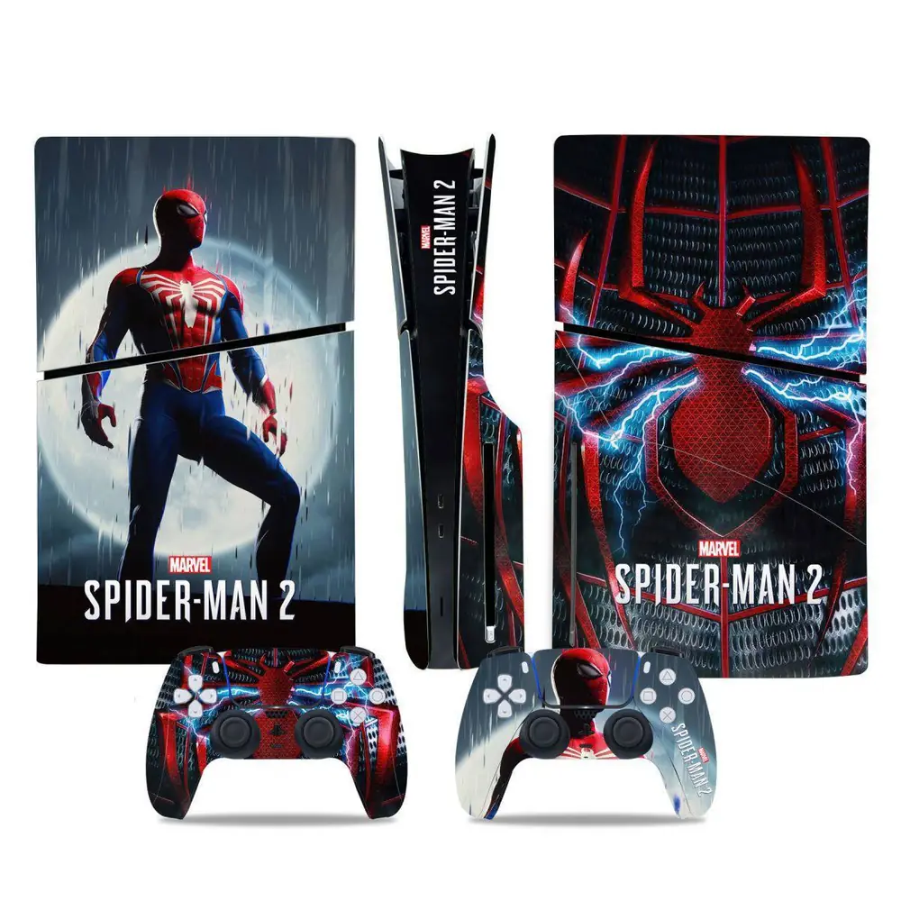 Habillage autocollant (skin) PS5 Slim avec lecteur et 2 manettes, motifs Spider-Man 2 ou The Witcher