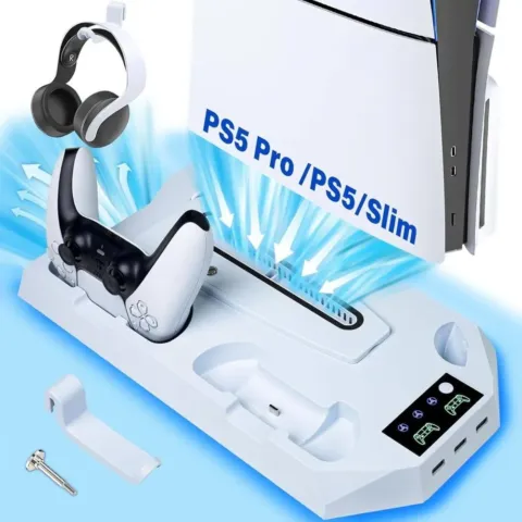 Support vertical PS5 avec ventilateur, station de charge 2 manettes et hub 3 USB, pour PS5, Slim et Pro