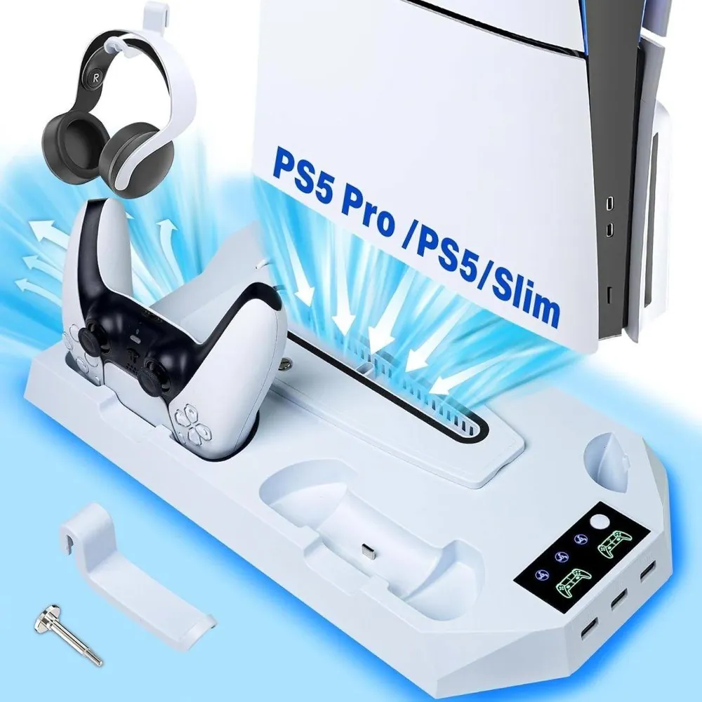 Support vertical PS5 avec ventilateur, station de charge 2 manettes et hub 3 USB, pour PS5, Slim et Pro