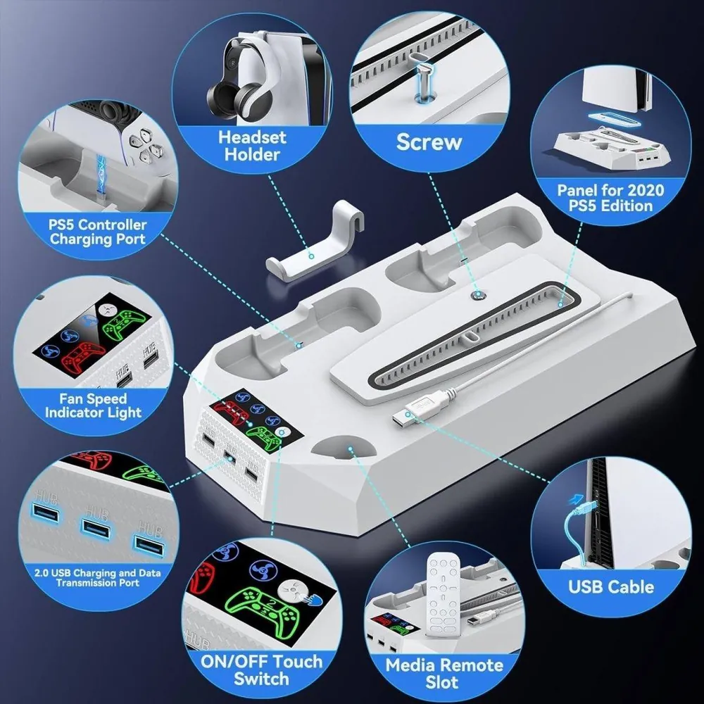 Support vertical PS5 avec ventilateur, station de charge 2 manettes et hub 3 USB, pour PS5, Slim et Pro – Image 2