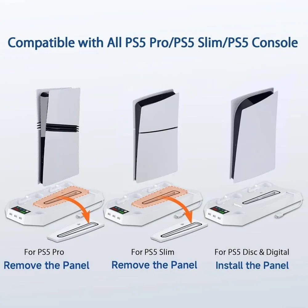Support vertical PS5 avec ventilateur, station de charge 2 manettes et hub 3 USB, pour PS5, Slim et Pro – Image 3