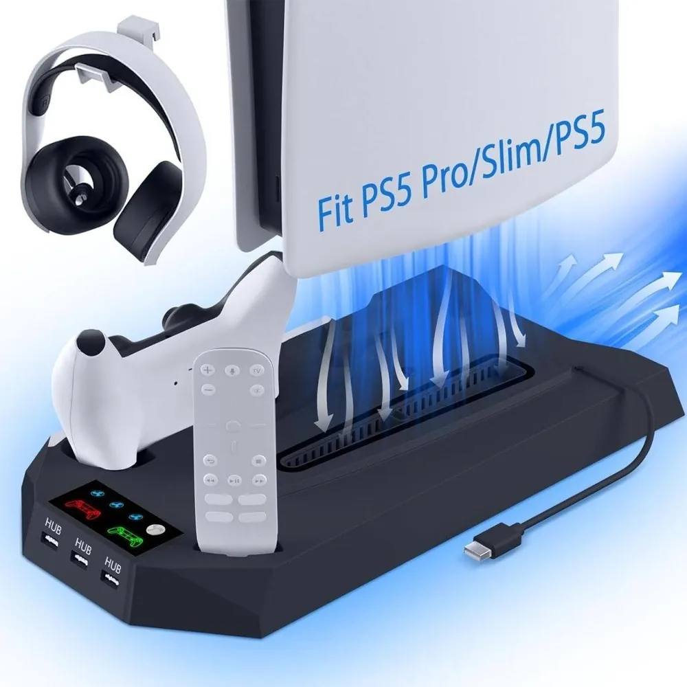 Support vertical PS5 avec ventilateur, station de charge 2 manettes et hub 3 USB, pour PS5, Slim et Pro – Image 4