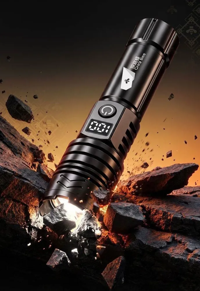 Lampe torche LED Grey Bee à zoom, rechargeable par USB, avec écran de batterie
