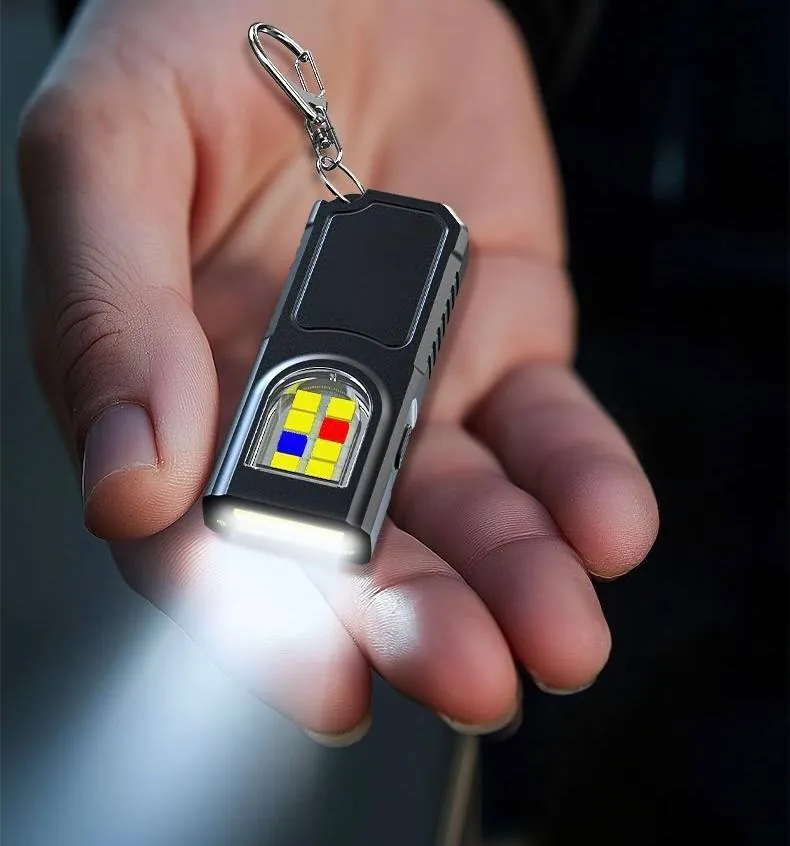 Mini lampe porte-clés LED rechargeable USB-C, 25 g, avec feux rouge et bleu clignotants