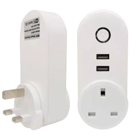 Prise connectée WiFi avec 2 ports USB, commande à distance et minuteries, format anglais