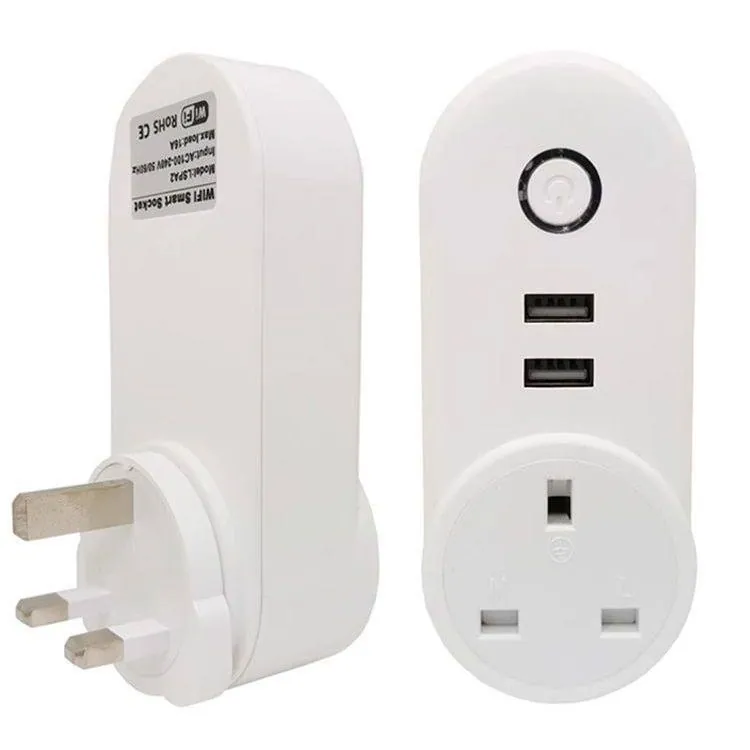 Prise connectée WiFi avec 2 ports USB, commande à distance et minuteries, format anglais