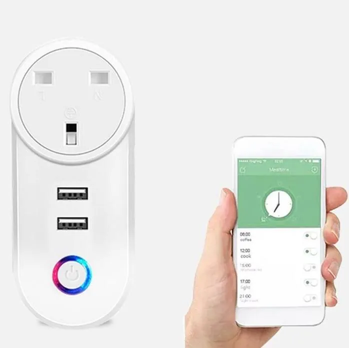 Prise connectée WiFi avec 2 ports USB, commande à distance et minuteries, format anglais – Image 2