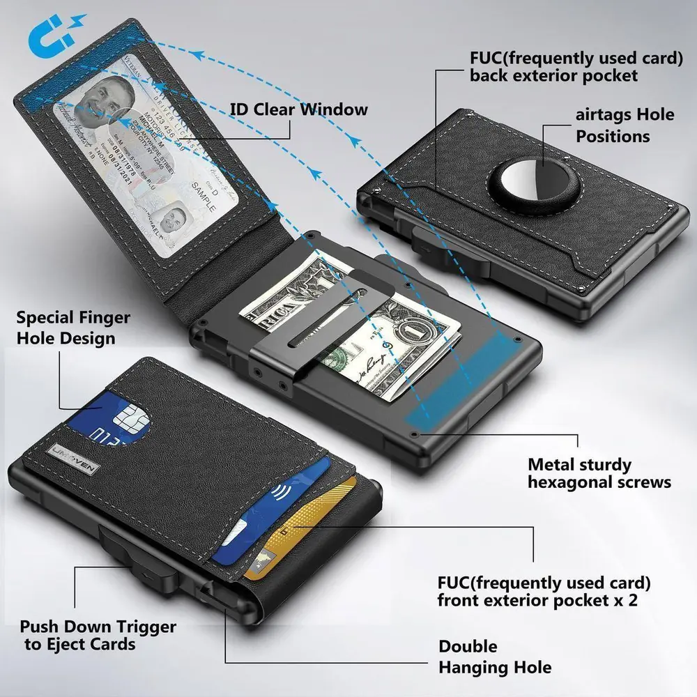 Portefeuille minimaliste en aluminium à éjection de cartes, pince à billets et traceur Bluetooth compatible iPhone et Android - Image 2