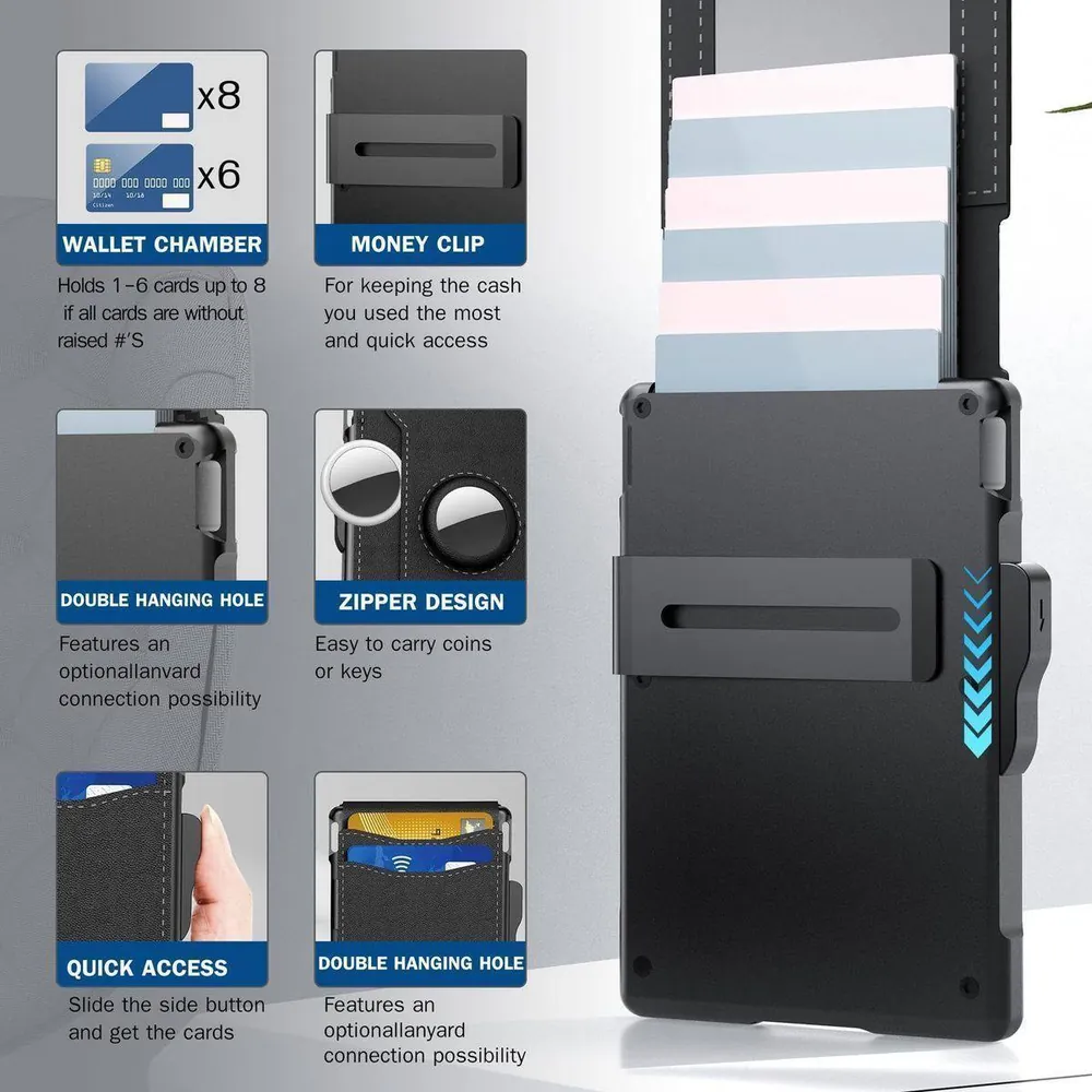 Portefeuille minimaliste en aluminium à éjection de cartes, pince à billets et traceur Bluetooth compatible iPhone et Android - Image 3